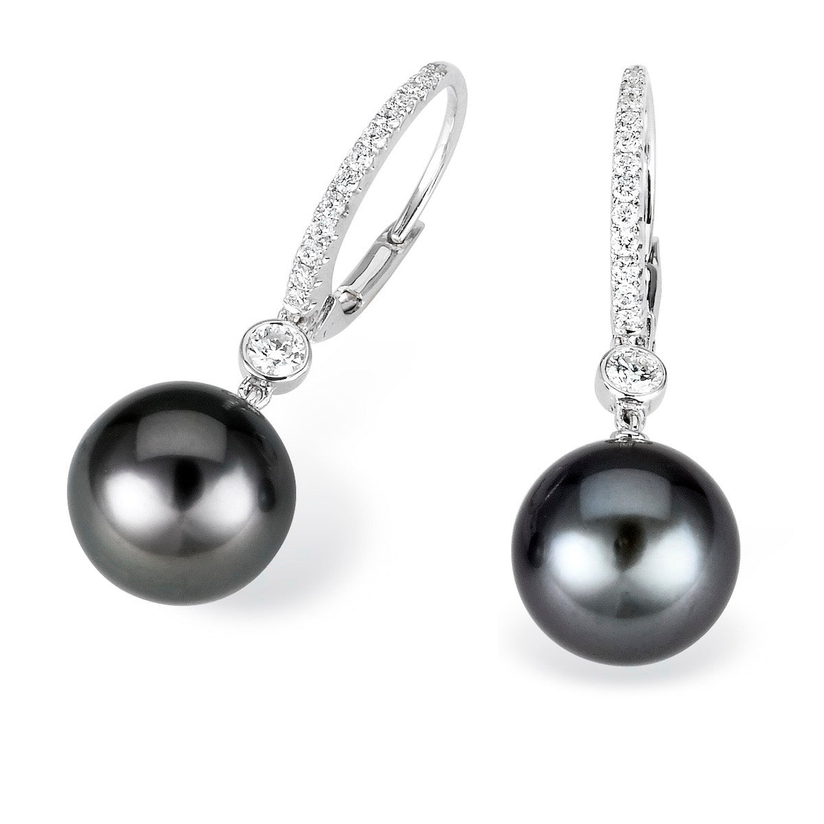 Diamond Leverback Dangle Earrings w/ Black Pearls in 14KW