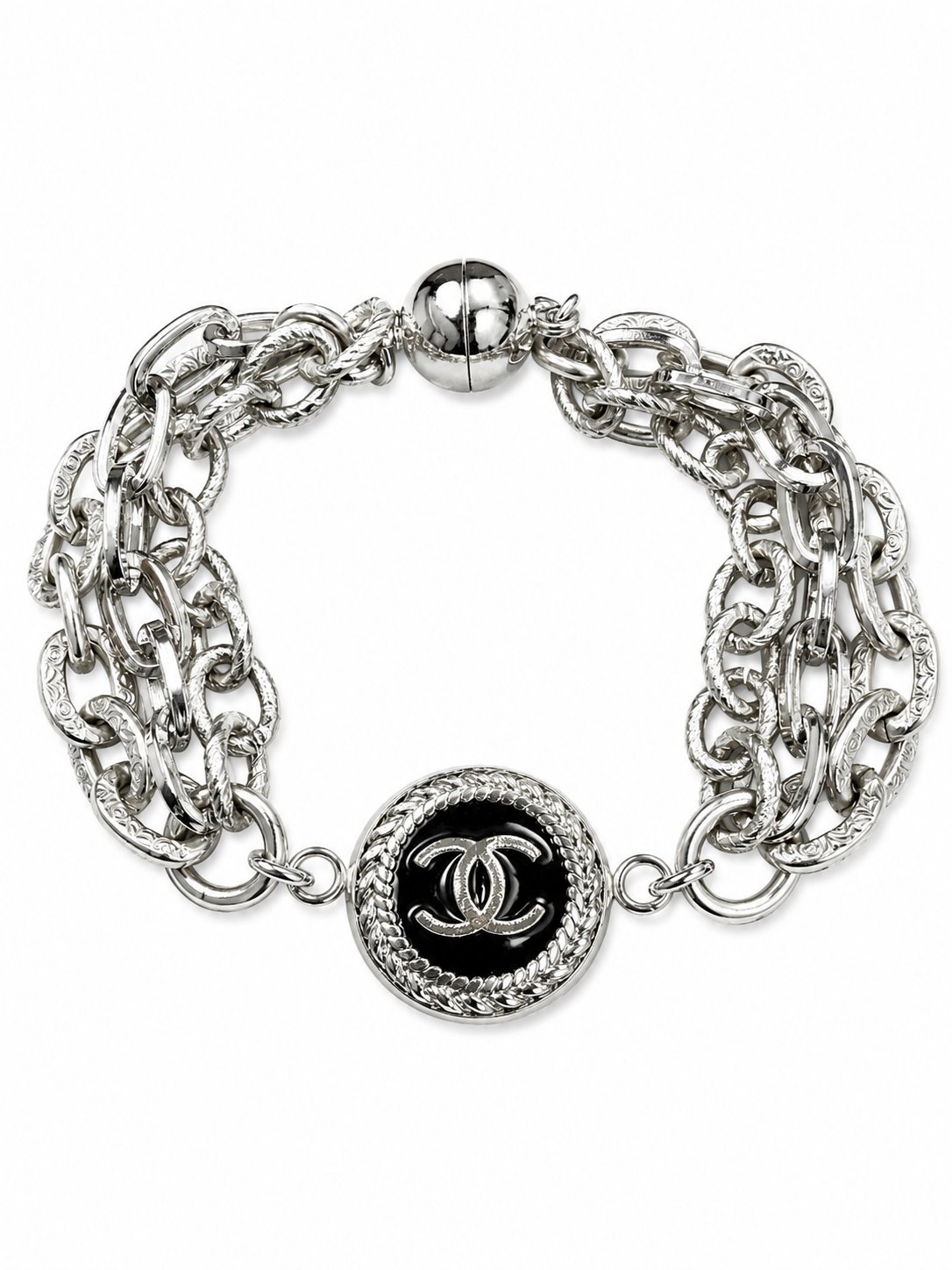 Multi-Chain Bracelet with Chanel Logo Button in Black/Silver