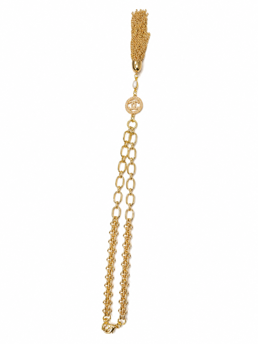 Link Necklace with Chanel Logo Button, Pearl & Tassel in Gold