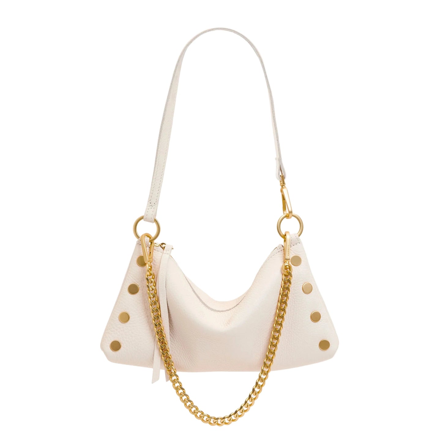 White handbag with gold chain and studs on a white background