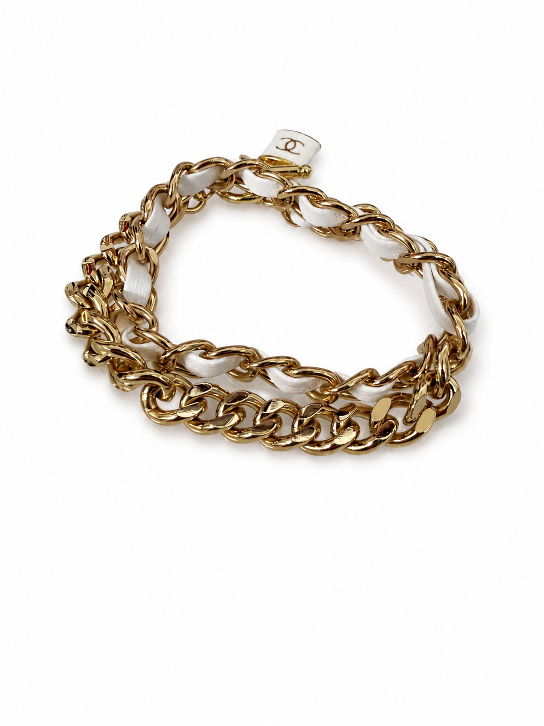 Chain Wrap Bracelet with Chanel Logo Button in White/ Gold