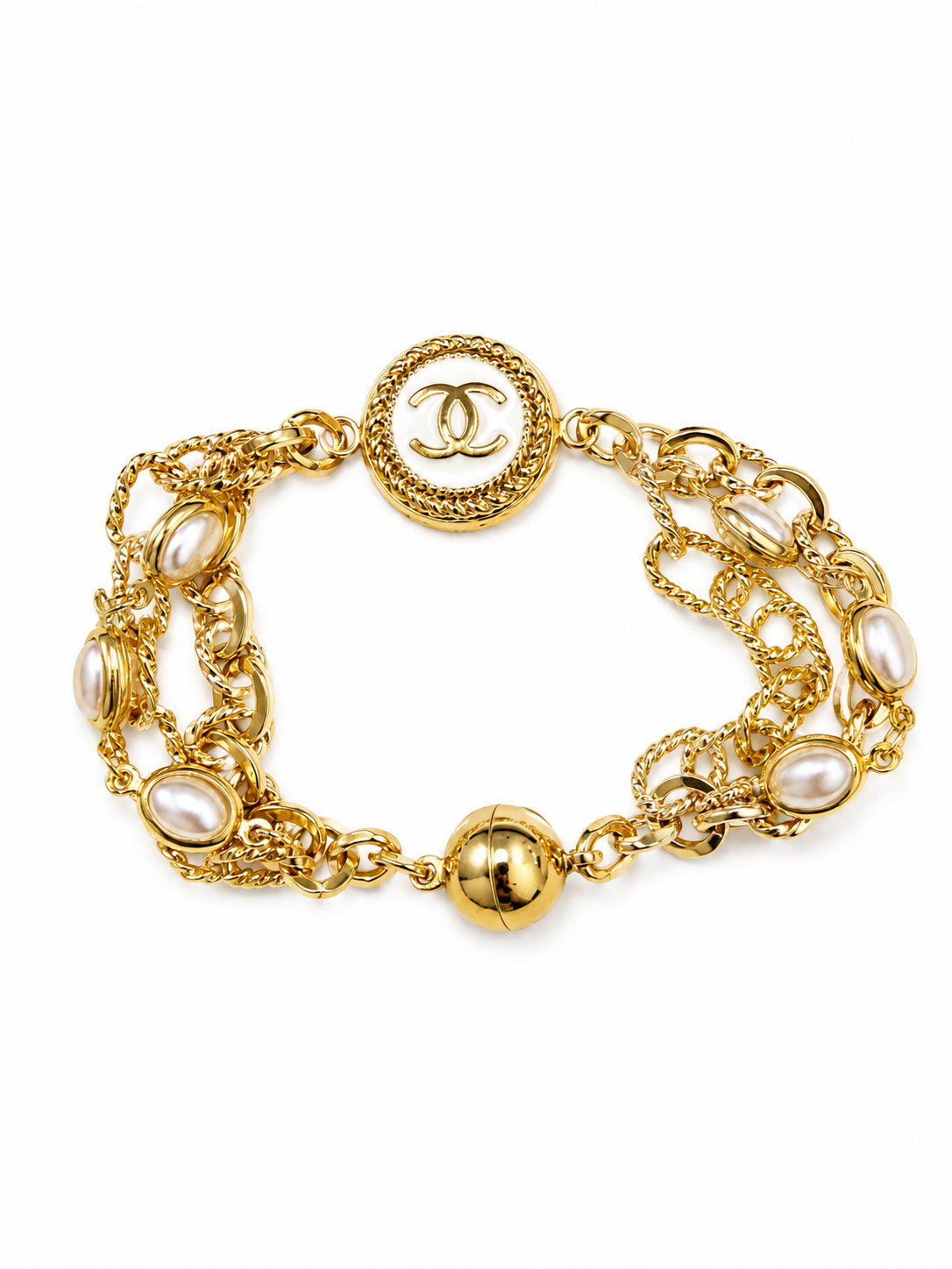 Multi-Chain & Pearl Bracelet with Chanel Logo Button in White/Gold