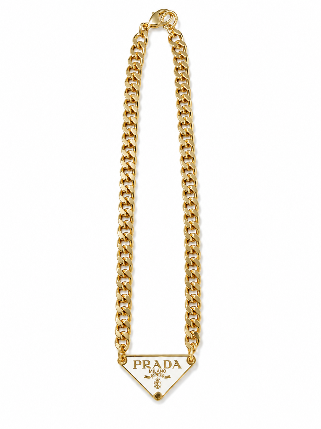 Cuban Chain Necklace with Prada Logo Triangle in White/Gold