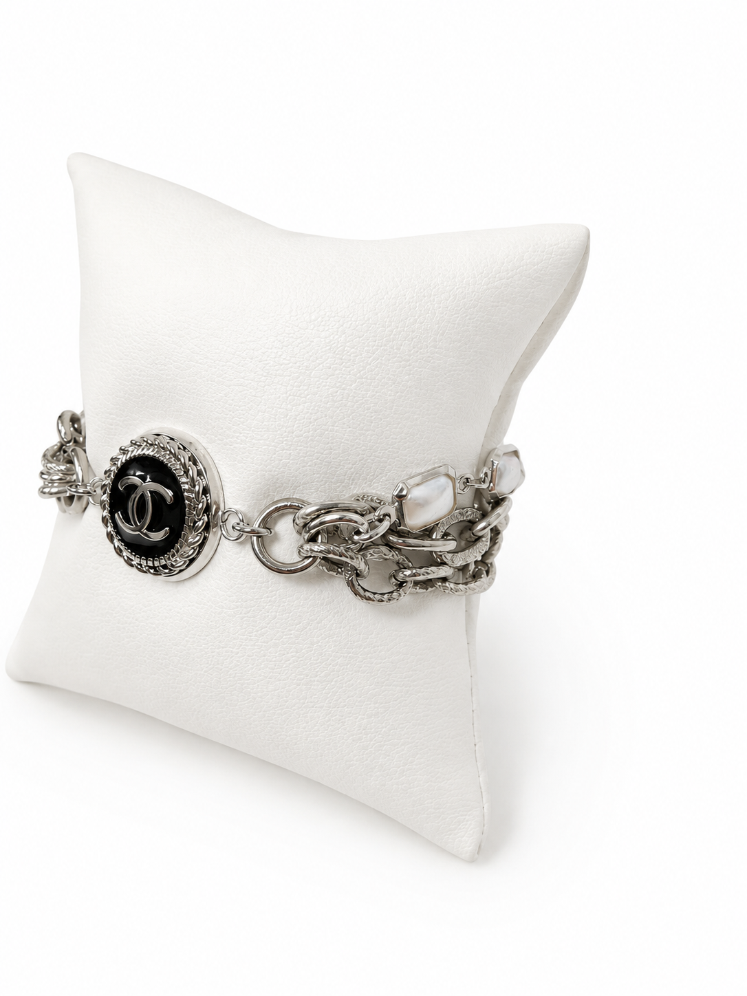 Multi-Chain & Pearl Bracelet with Chanel Logo Button in Black/Silver