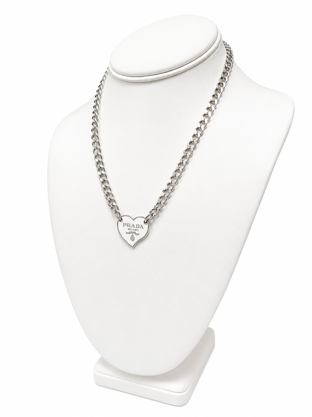 Link Necklace with Prada Logo Heart Charm in White/Silver