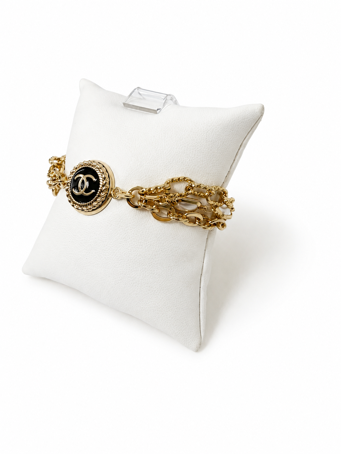 Multi-Chain & Pearl Bracelet with Chanel Logo Button in Black/Gold