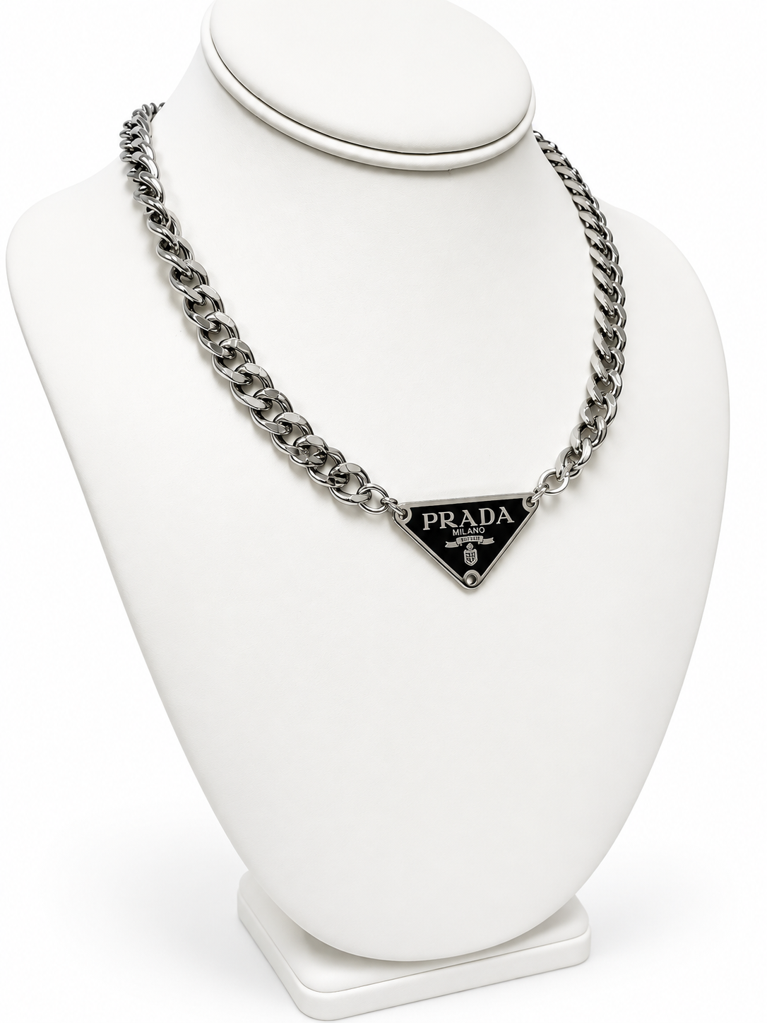 Cuban Chain Necklace with Prada Logo Triangle in Silver/Black