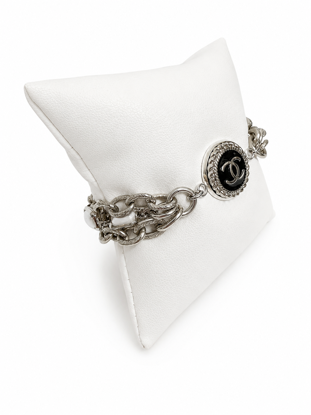 Multi-Chain & Pearl Bracelet with Chanel Logo Button in Black/Silver