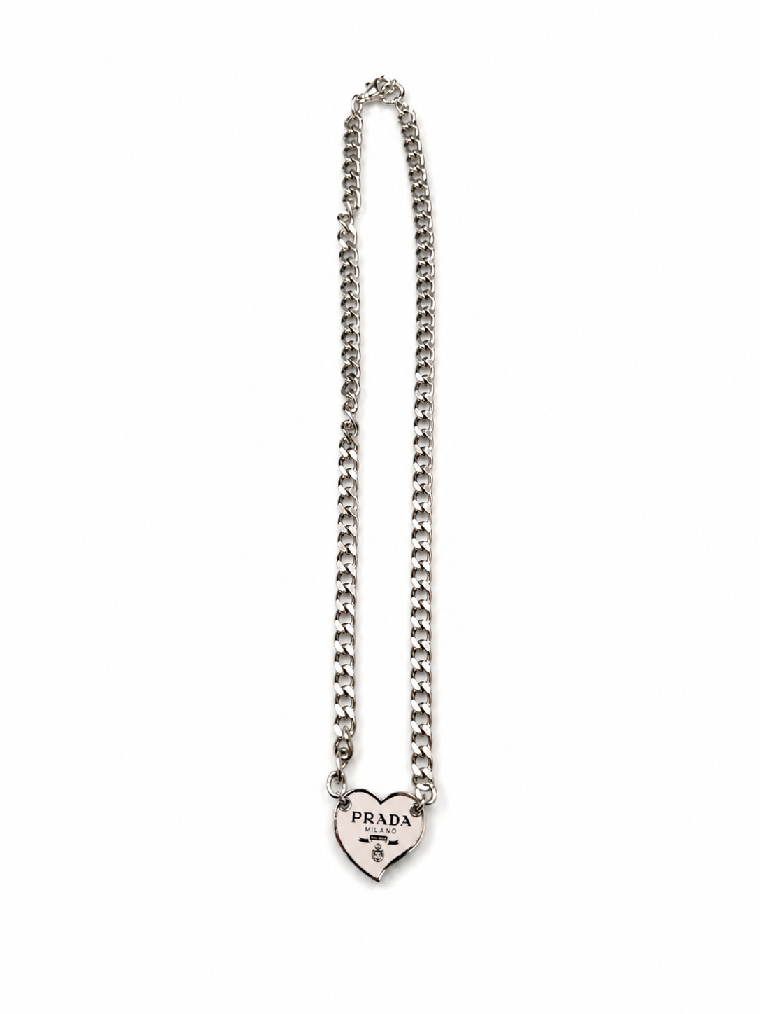 Link Necklace with Prada Logo Heart Charm in White/Silver