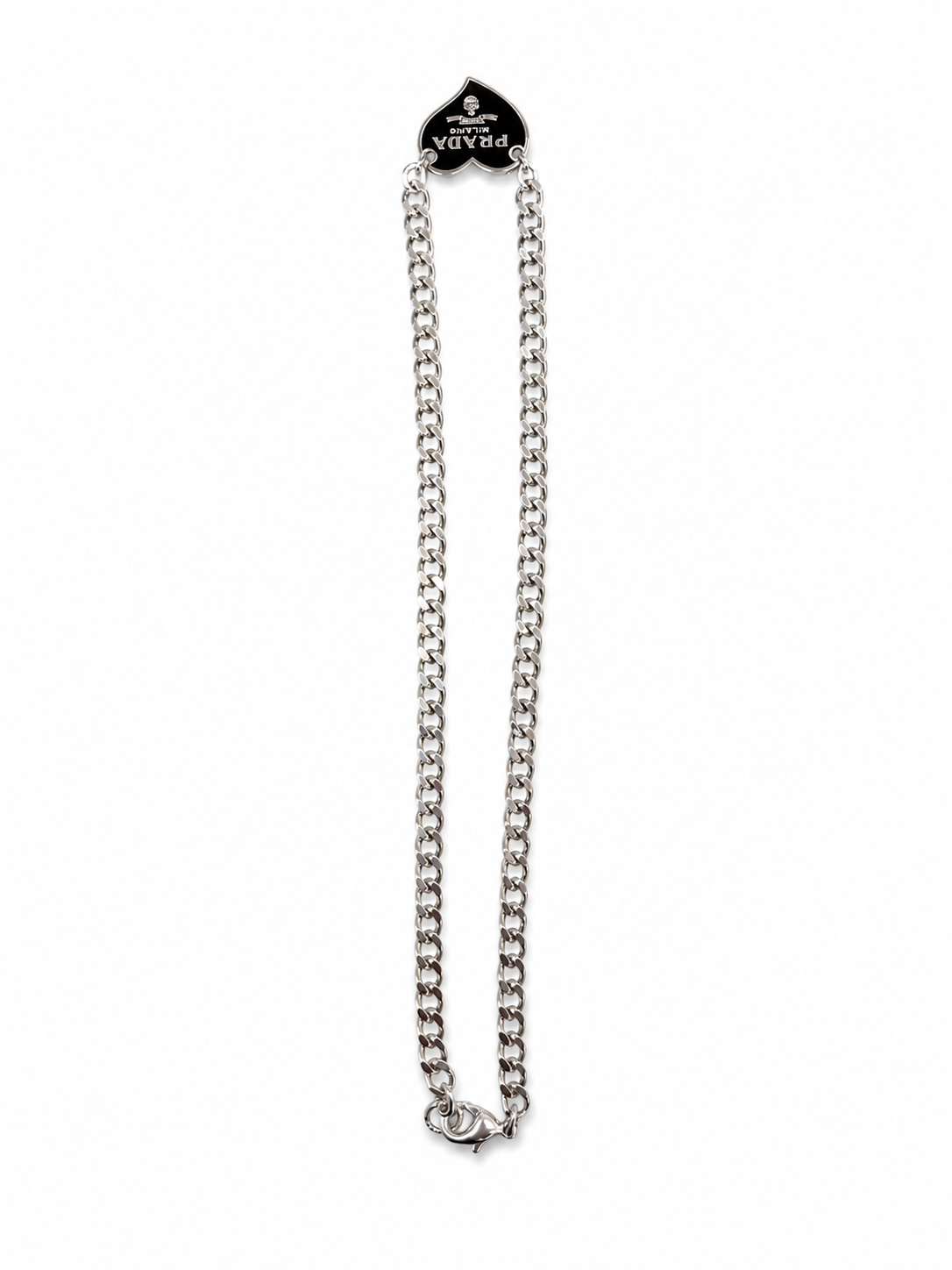 Link Necklace with Prada Logo Heart Charm in Black/Silver