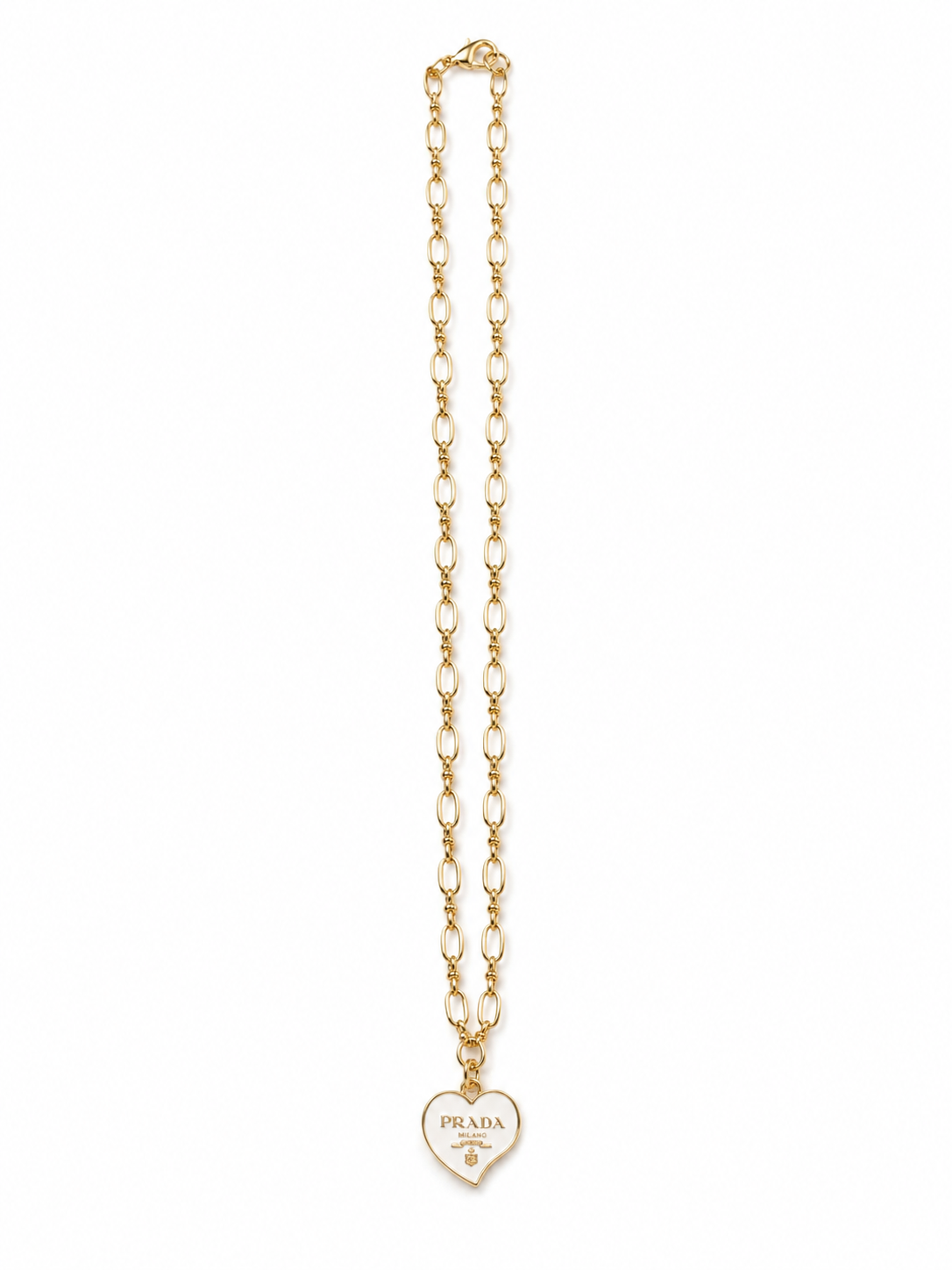 Link Necklace with Prada Logo Heart Charm in White/Gold