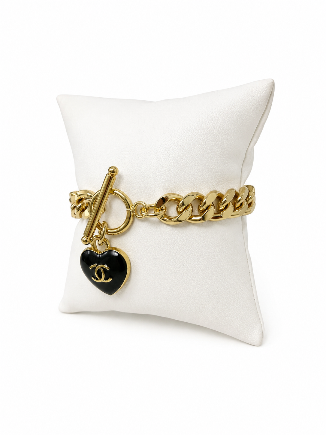 Curb Chain Bracelet with Chanel Logo Button Heart Charm in Black/Gold
