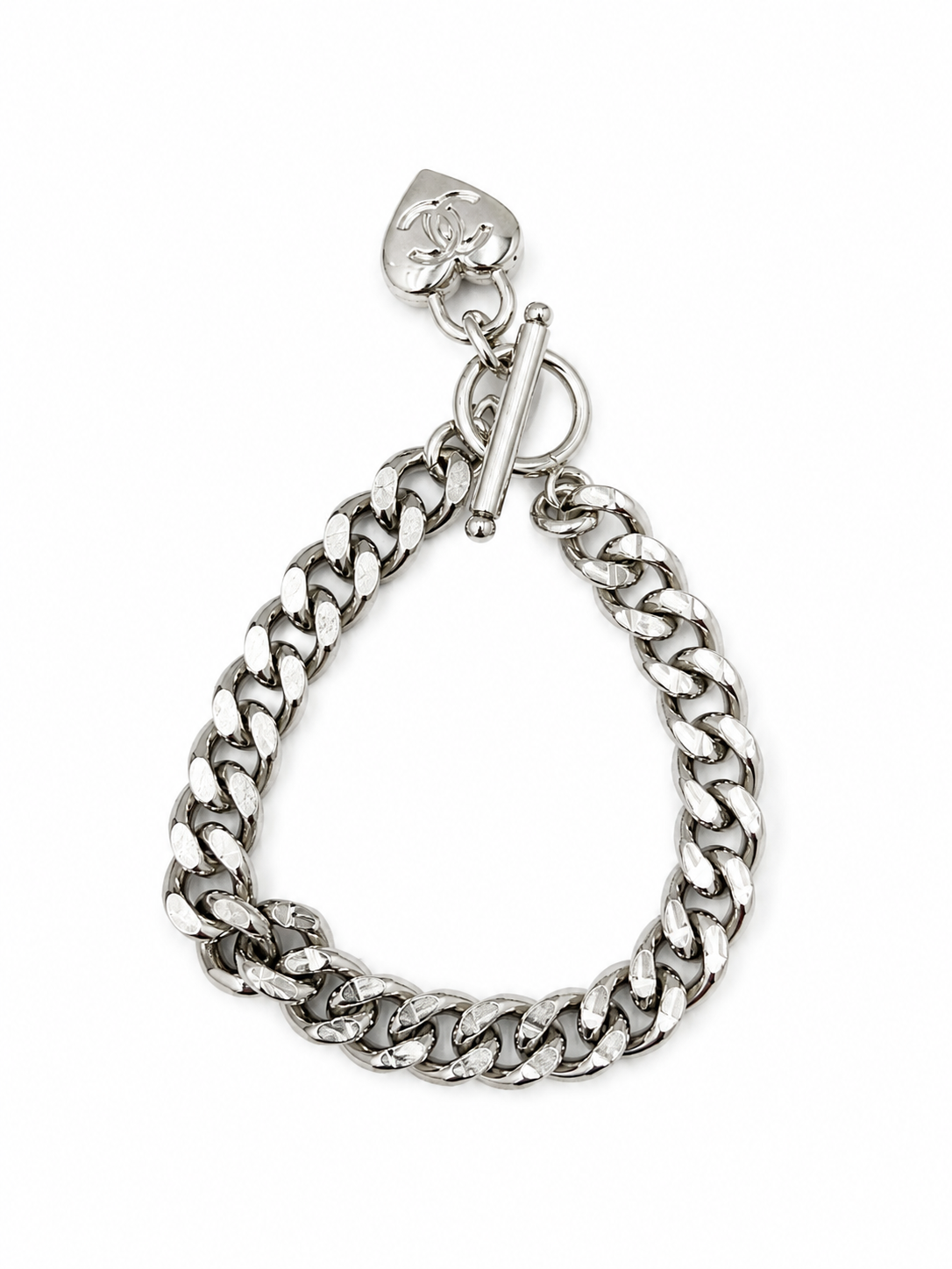 Cuban Chain Bracelet with Chanel Logo Heart Charm in Silver