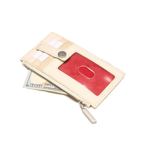 Beige wallet with a red card holder and money pocket on a white background