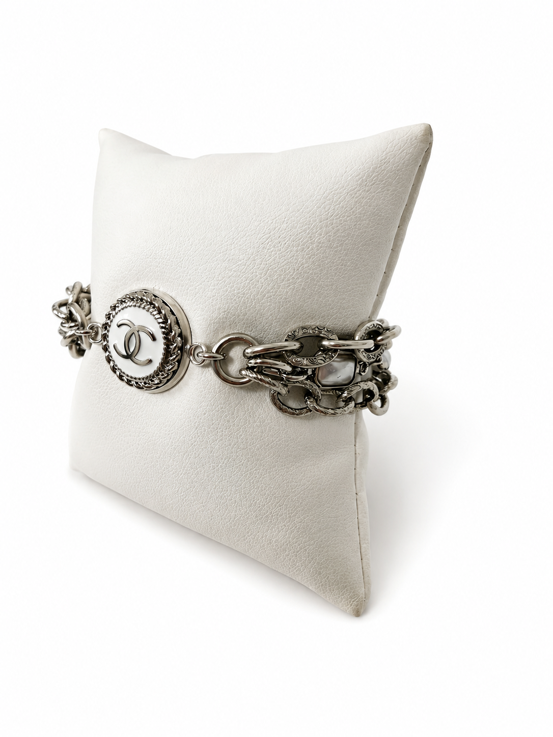 Multi-Chain/ Pearl Bracelet with Chanel Logo Button in White/Silver