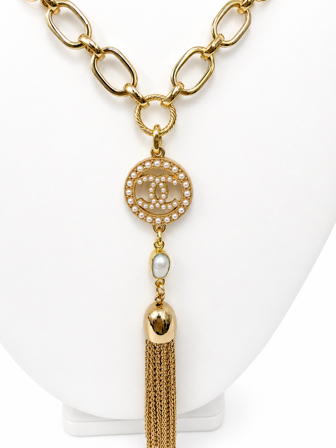 Link Necklace with Chanel Logo Button, Pearl & Tassel in Gold