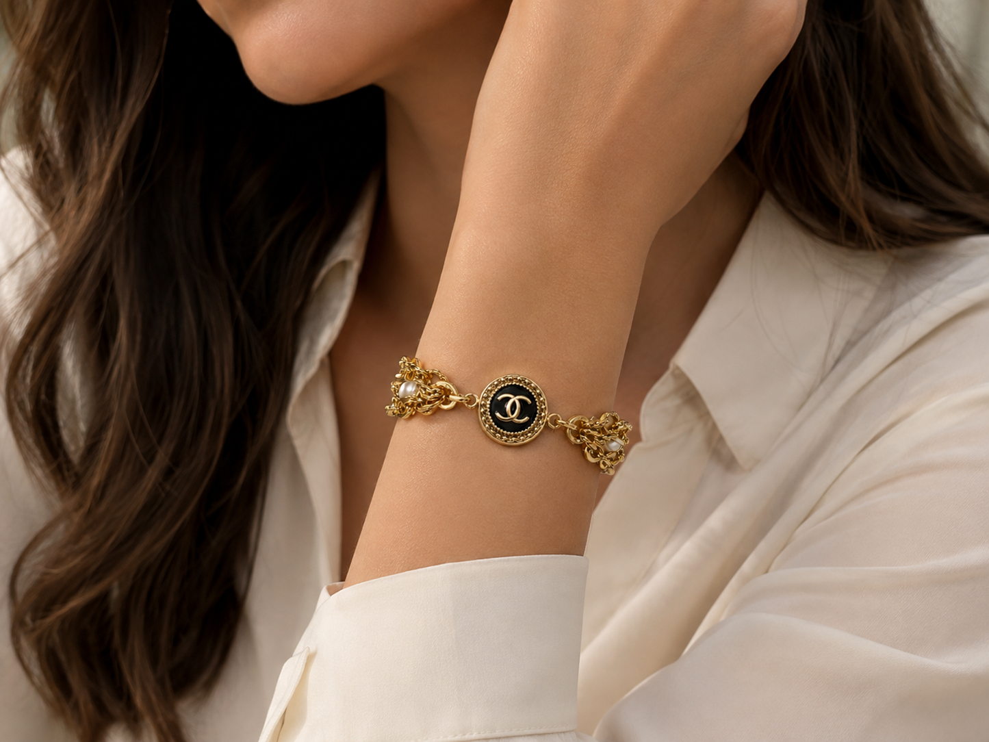 Multi-Chain & Pearl Bracelet with Chanel Logo Button in Black/Gold