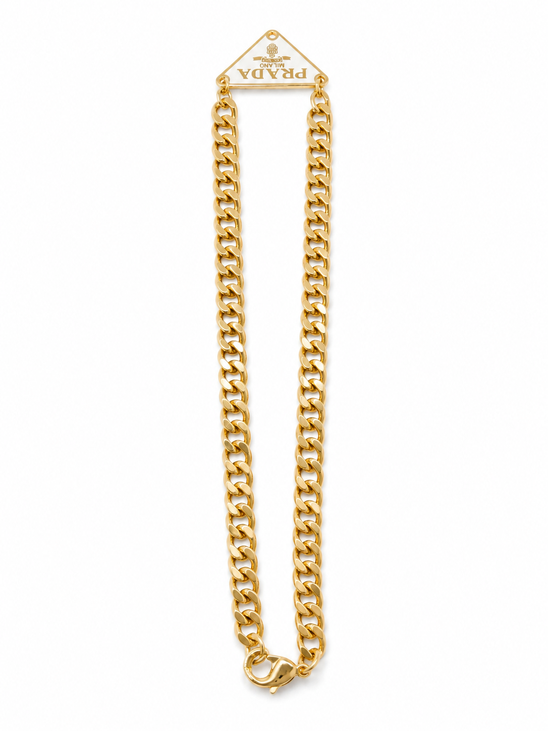 Cuban Chain Necklace with Prada Logo Triangle in White/Gold