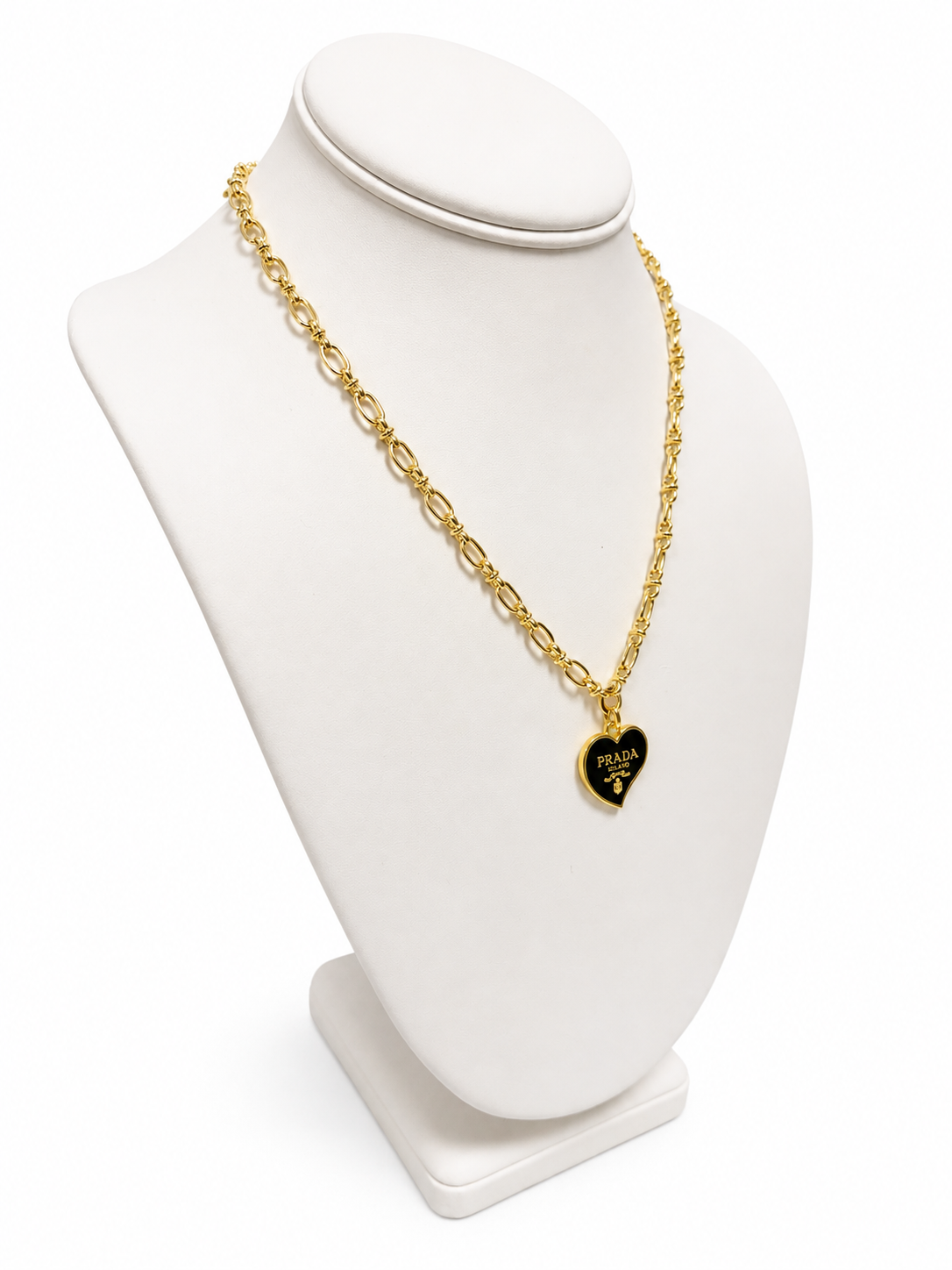 Link Necklace with Prada Logo Heart Charm in Black/Gold