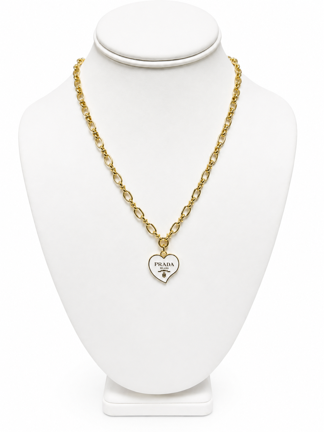 Link Necklace with Prada Logo Heart Charm in White/Gold