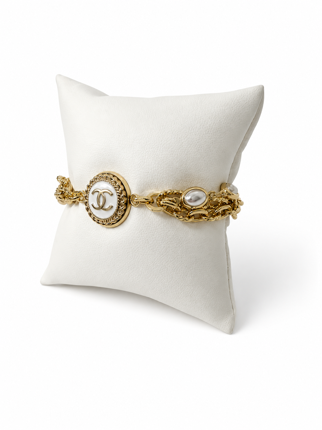 Multi-Chain & Pearl Bracelet with Chanel Logo Button in White/Gold