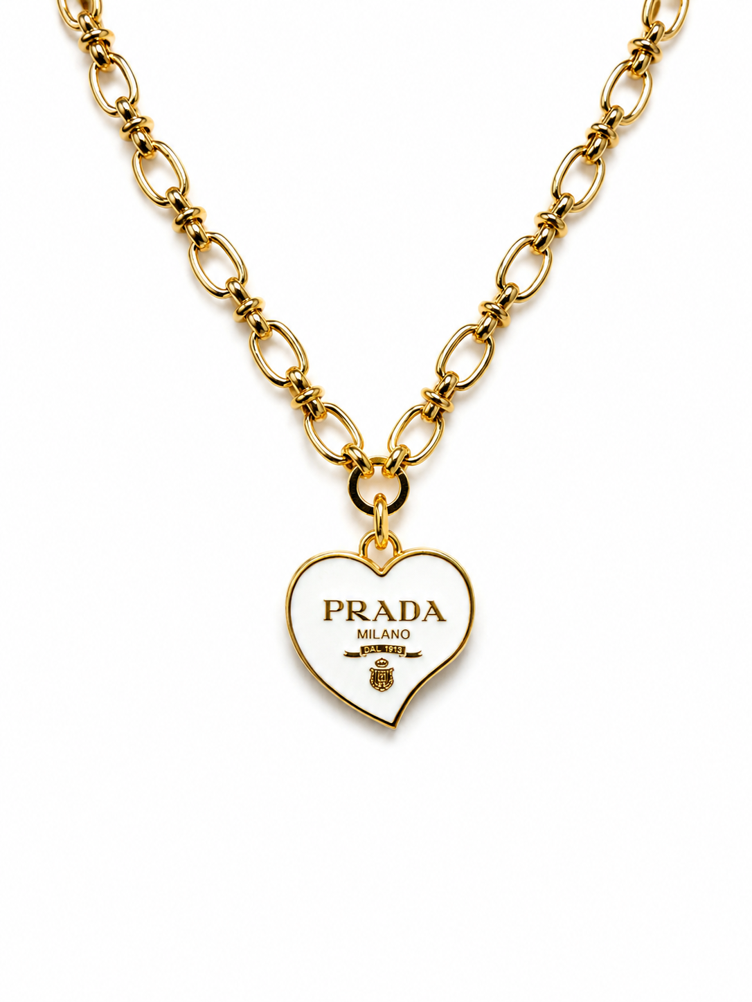 Link Necklace with Prada Logo Heart Charm in White/Gold