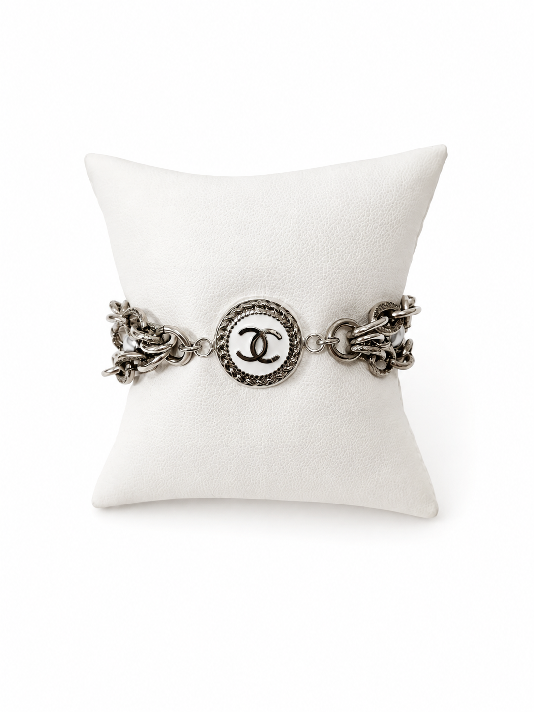 Multi-Chain/ Pearl Bracelet with Chanel Logo Button in White/Silver