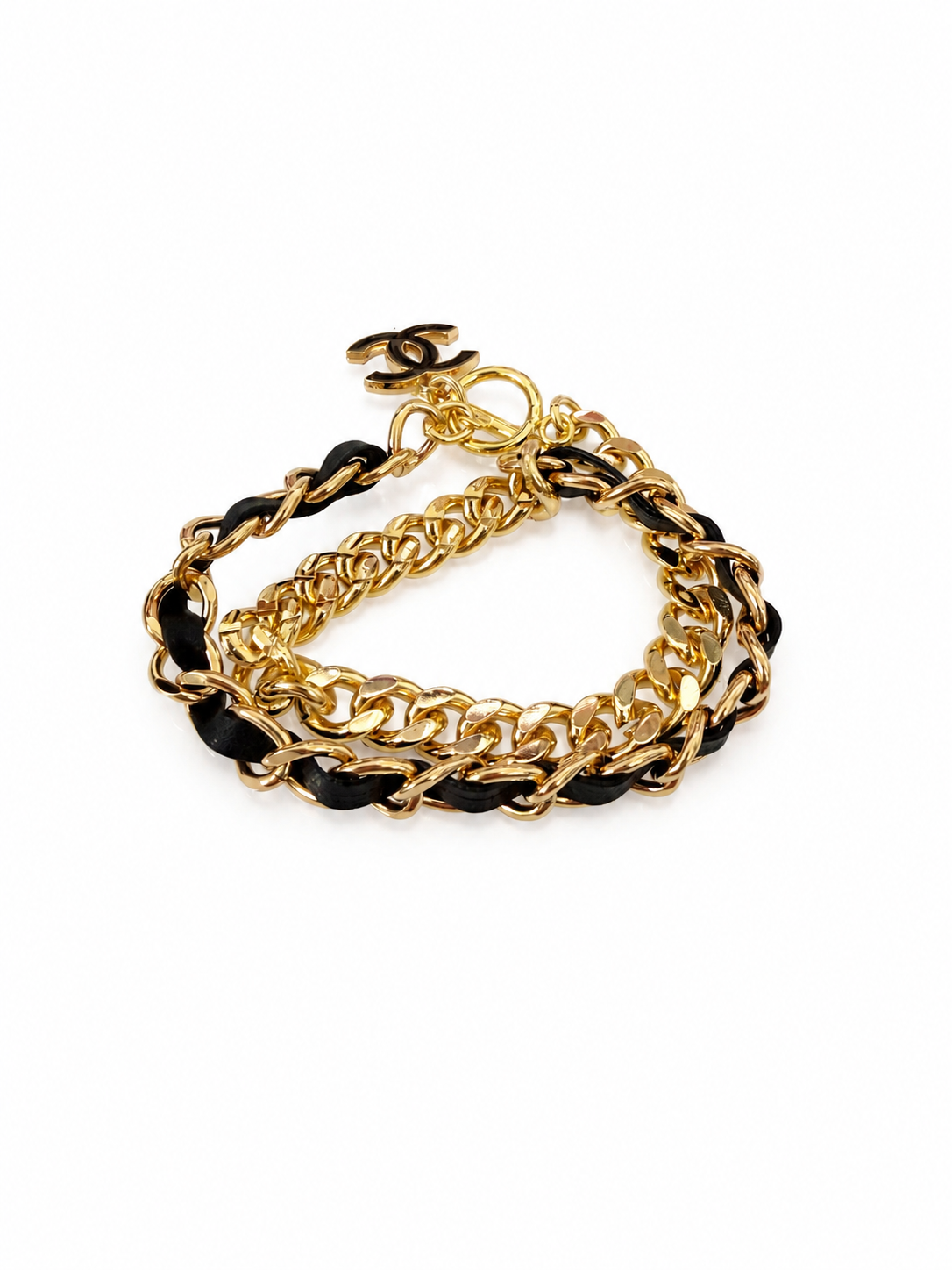 Chain Wrap Bracelet with Chanel Logo Button in Black & Gold
