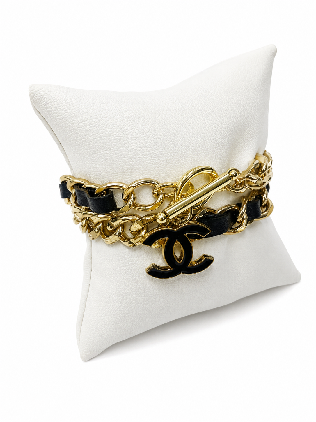 Chain Wrap Bracelet with Chanel Logo Button in Black & Gold