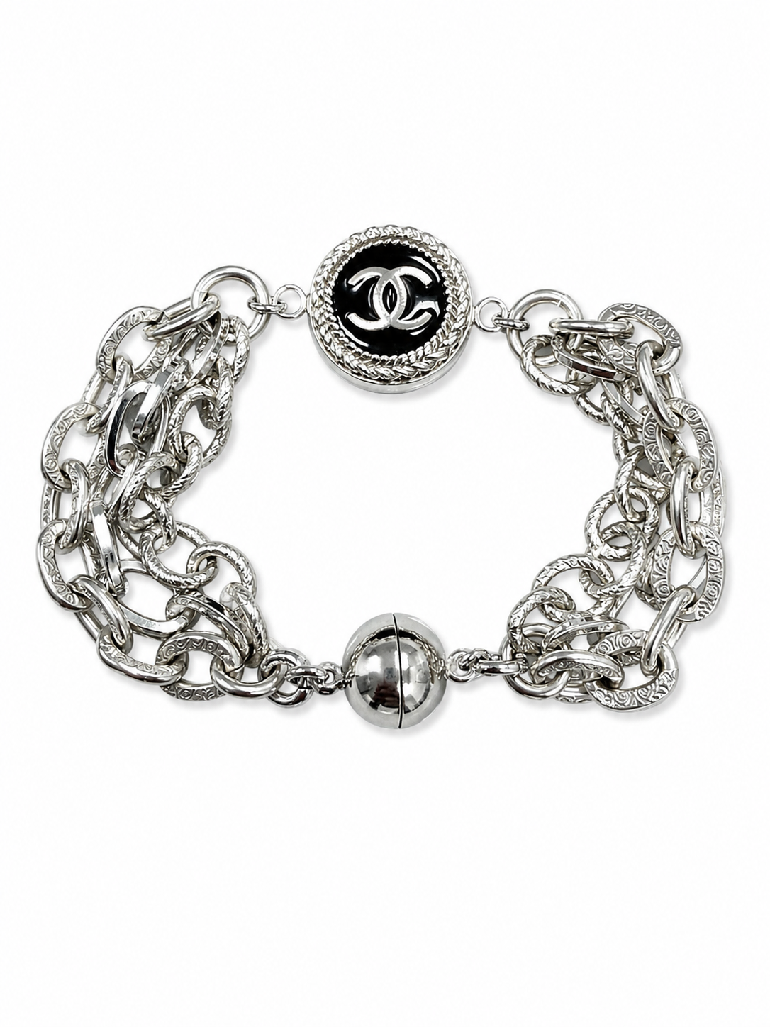 Multi-Chain Bracelet with Chanel Logo Button in Black/Silver