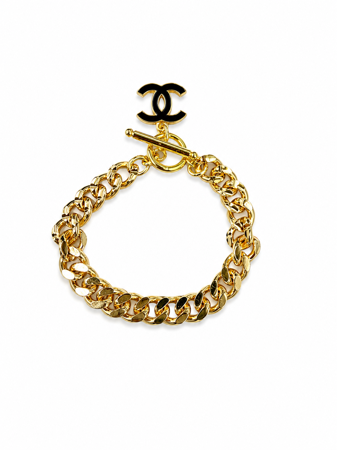 Curb Chain Bracelet with Chanel Logo Button in Black & Gold