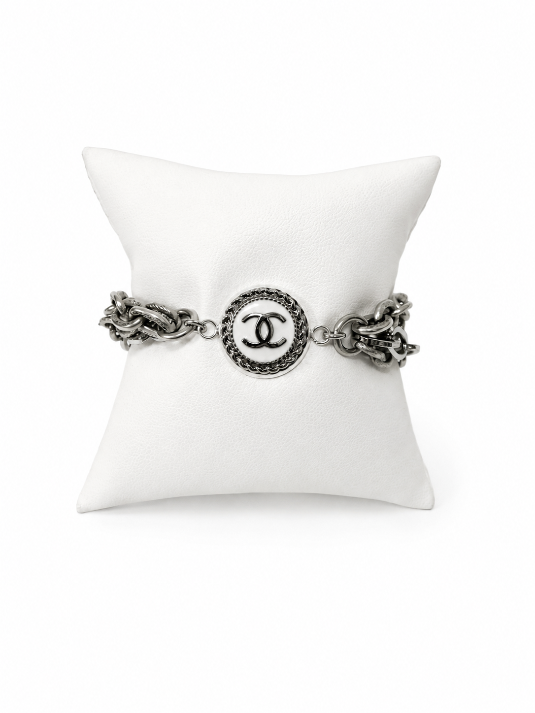 Multi-Chain Bracelet with Chanel Logo Button in White/Silver