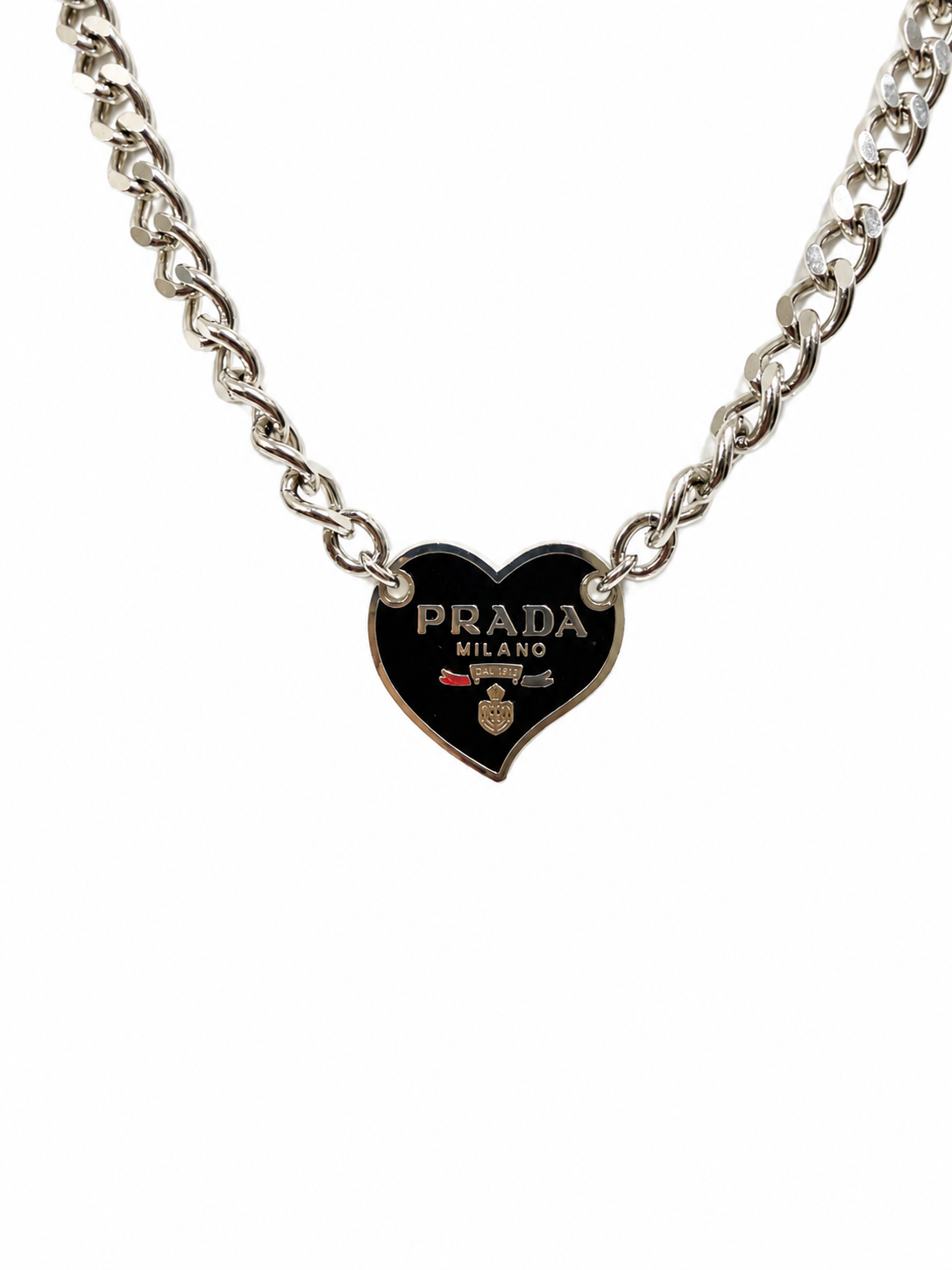 Link Necklace with Prada Logo Heart Charm in Black/Silver
