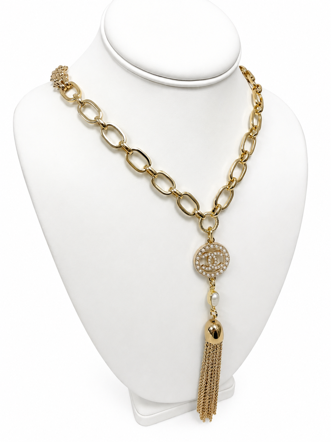 Link Necklace with Chanel Logo Button, Pearl & Tassel in Gold