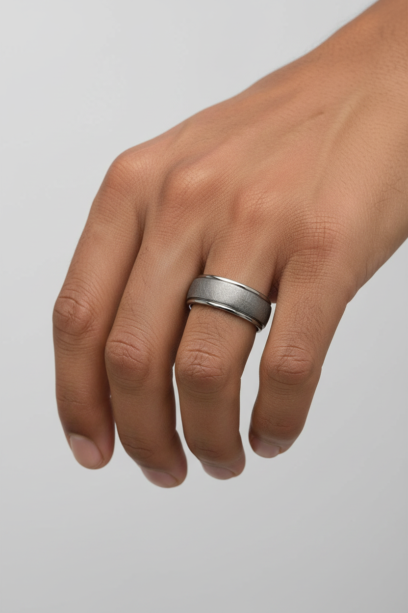 6mm Domed Grey Tantalum Band on Left Hand