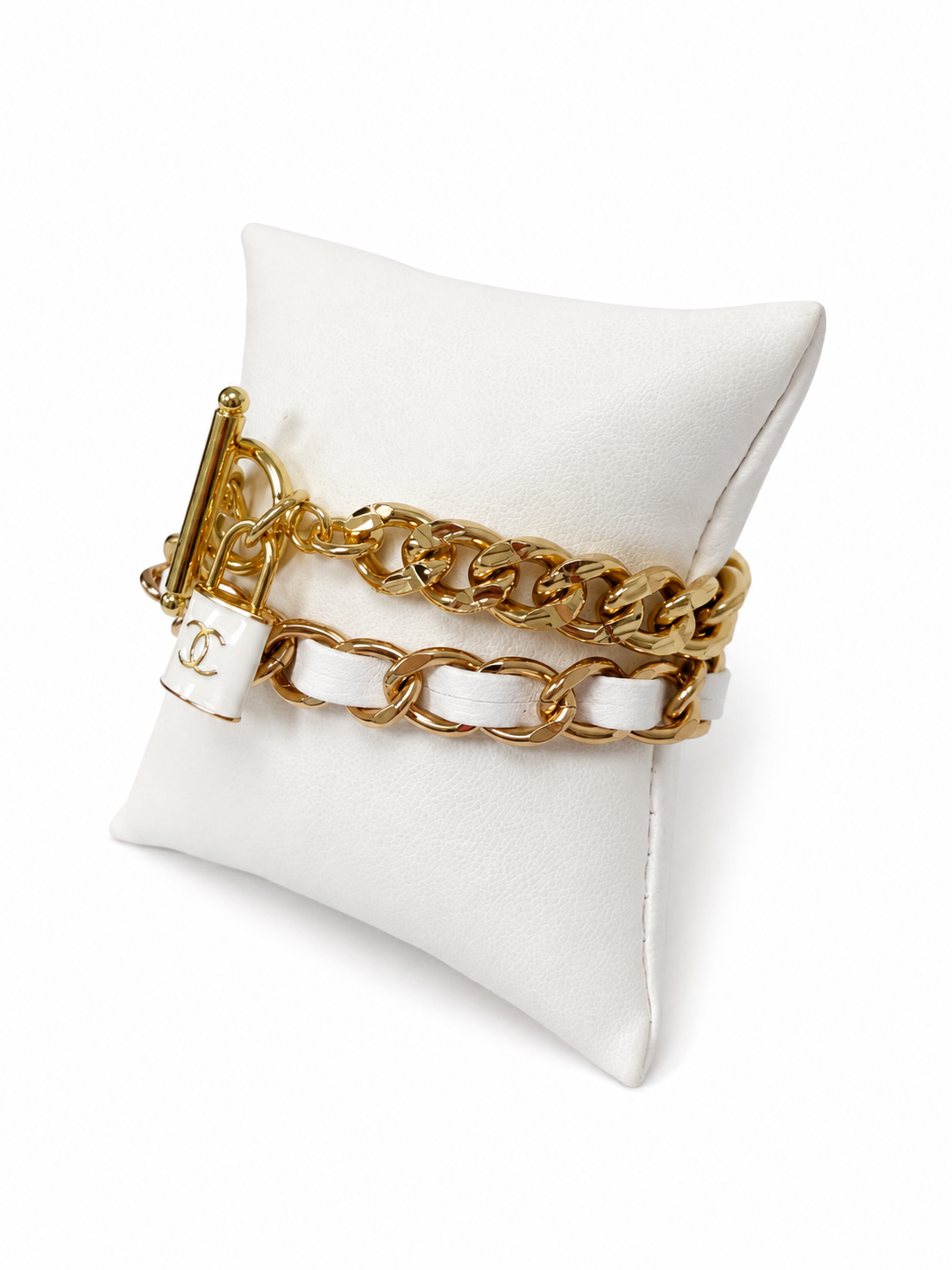 Chain Wrap Bracelet with Chanel Logo Button in White/ Gold