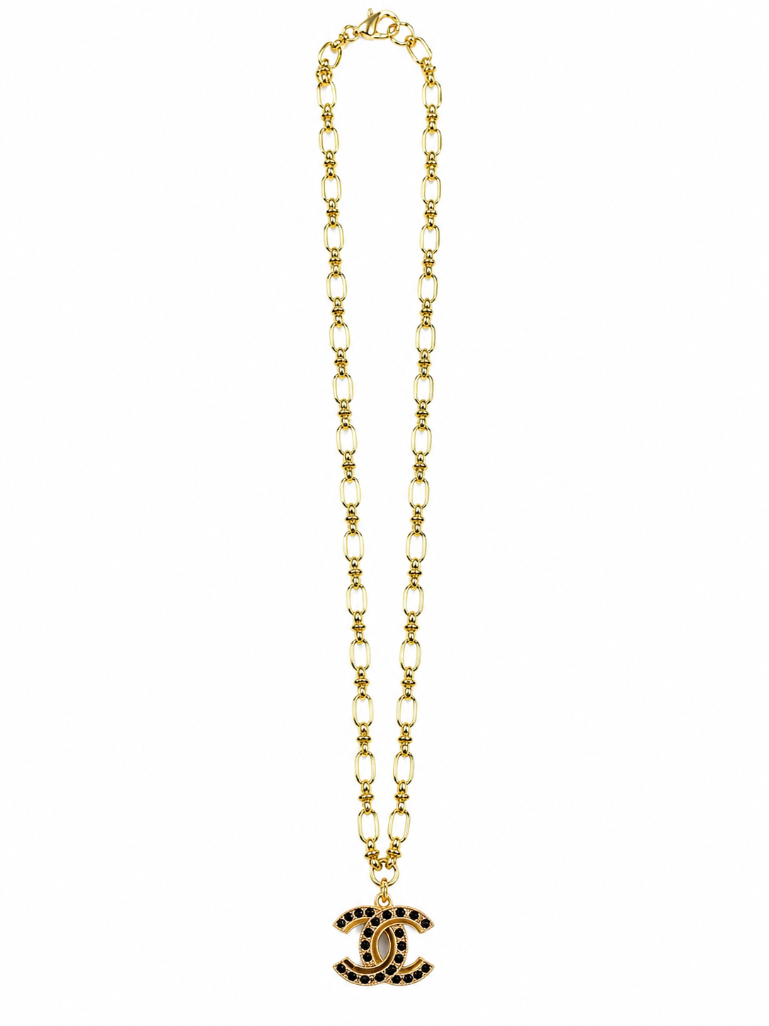 Gold Link Necklace with Chanel Logo Button Charm in Black/Gold