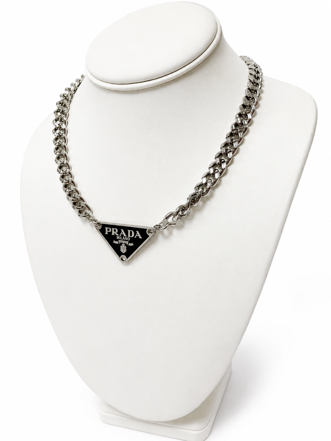 Cuban Chain Necklace with Prada Logo Triangle in Silver/Black