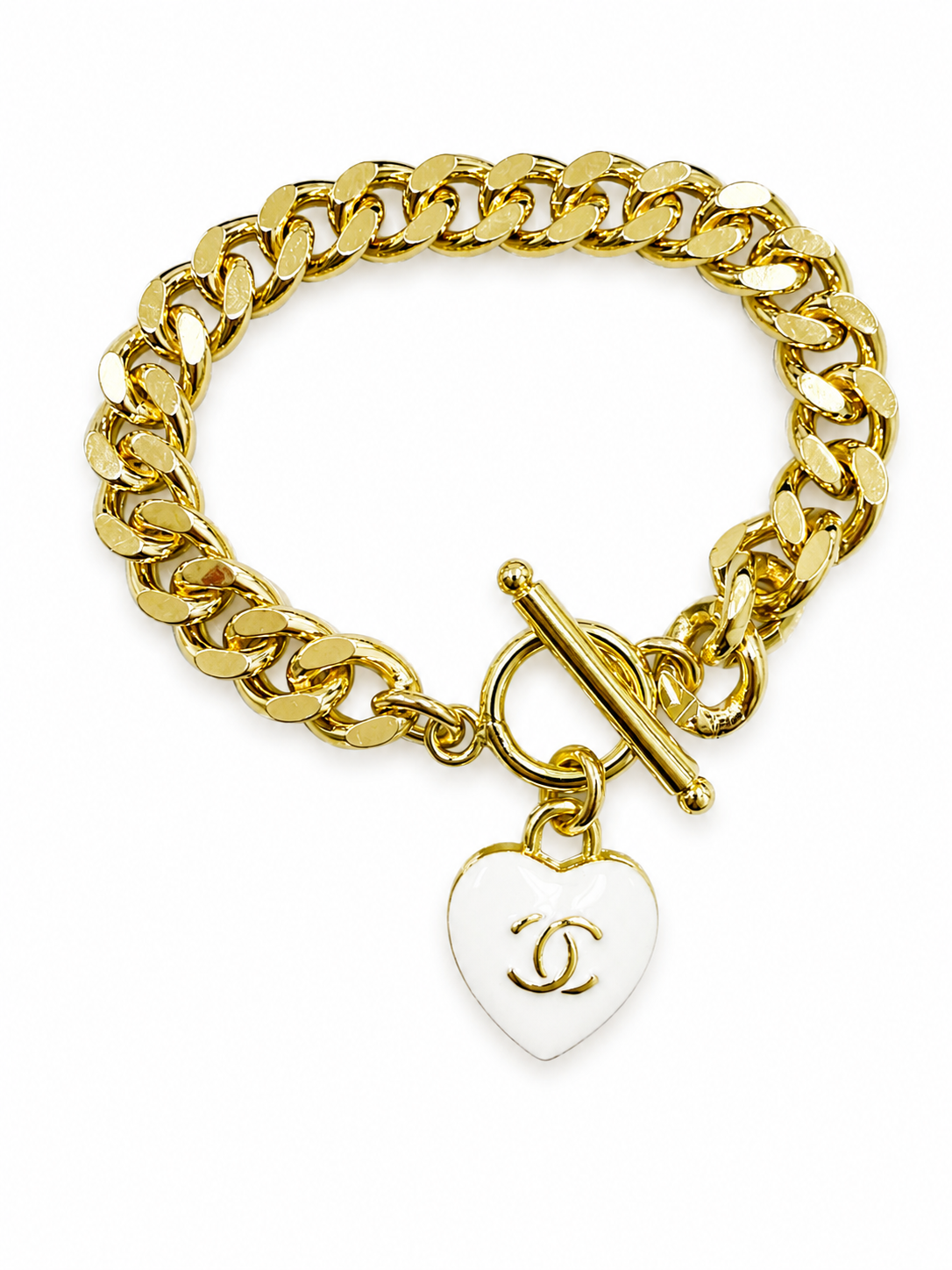 Cuban Chain Bracelet with Chanel Logo Heart Charm in Gold/White