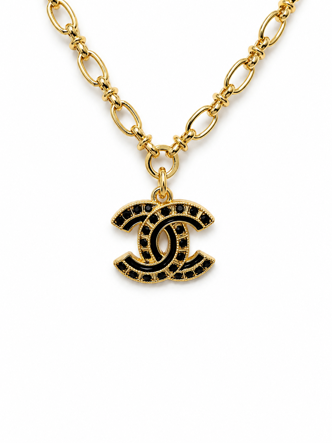 Gold Link Necklace with Chanel Logo Button Charm in Black/Gold