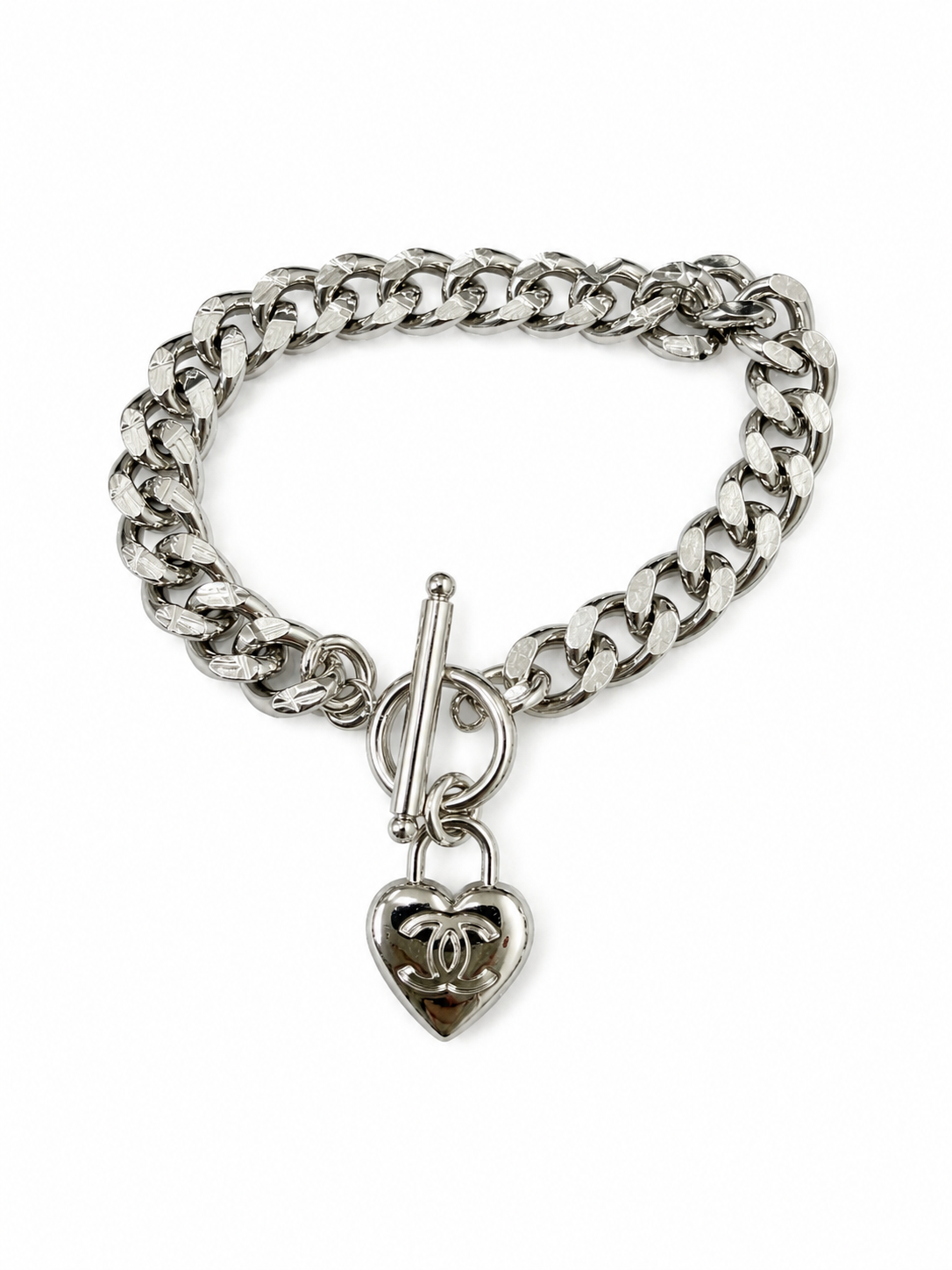 Cuban Chain Bracelet with Chanel Logo Heart Charm in Silver