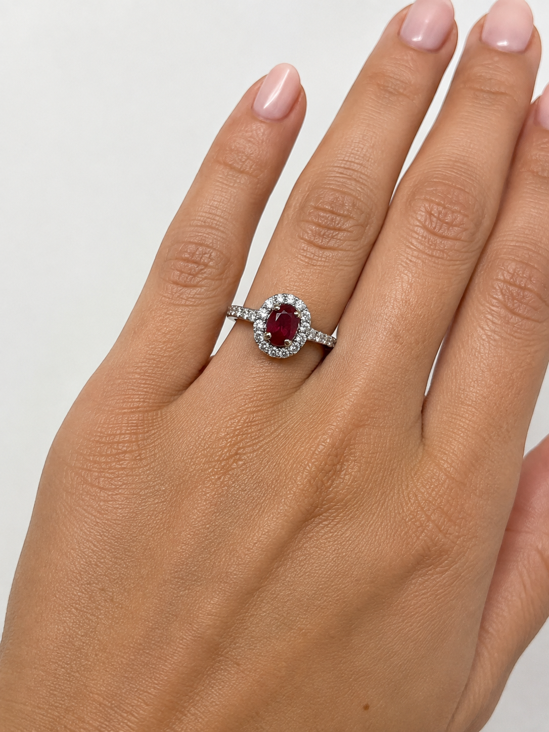 18K Oval Ruby and Diamond Ring with Halo