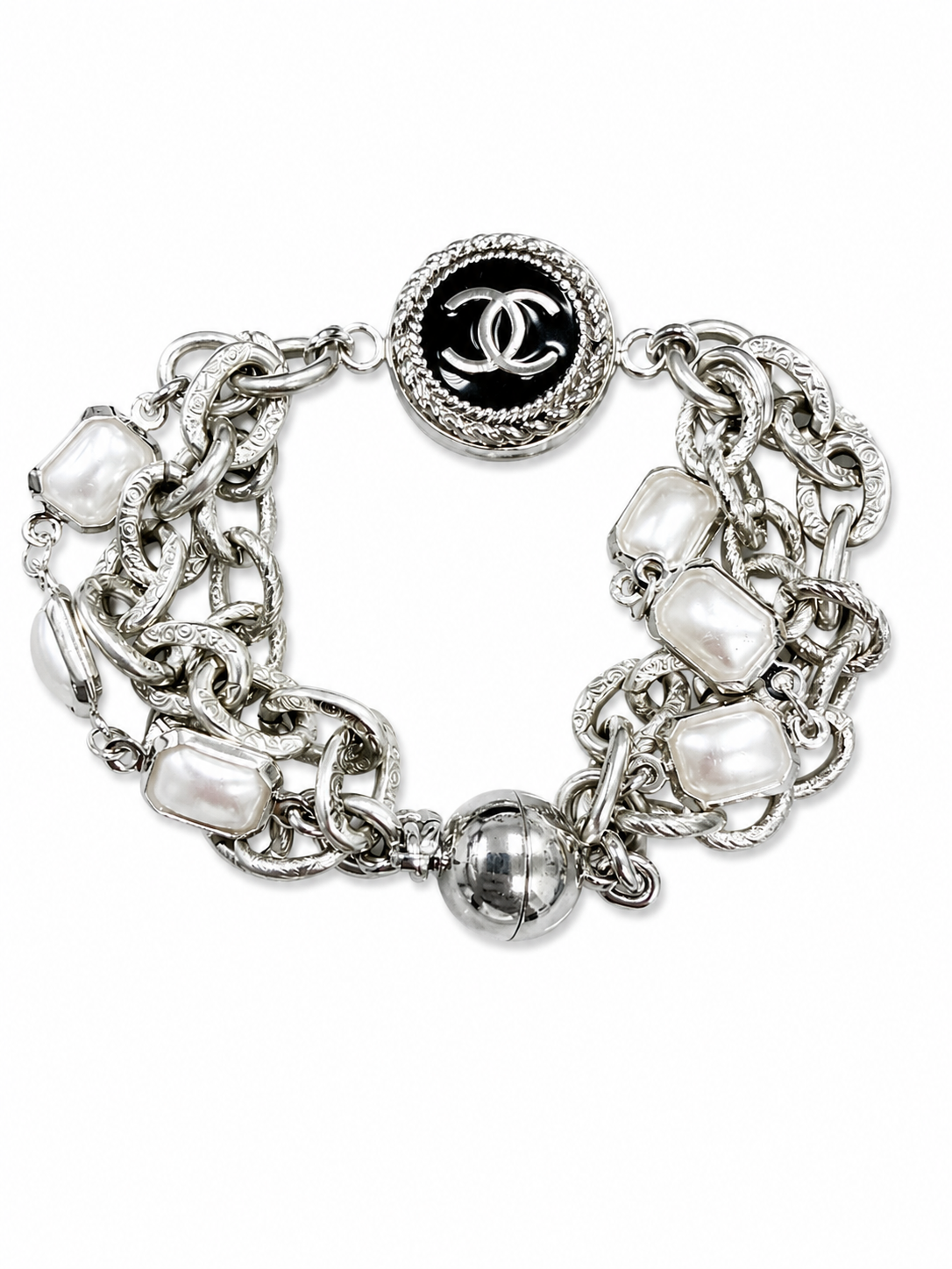 Multi-Chain & Pearl Bracelet with Chanel Logo Button in Black/Silver
