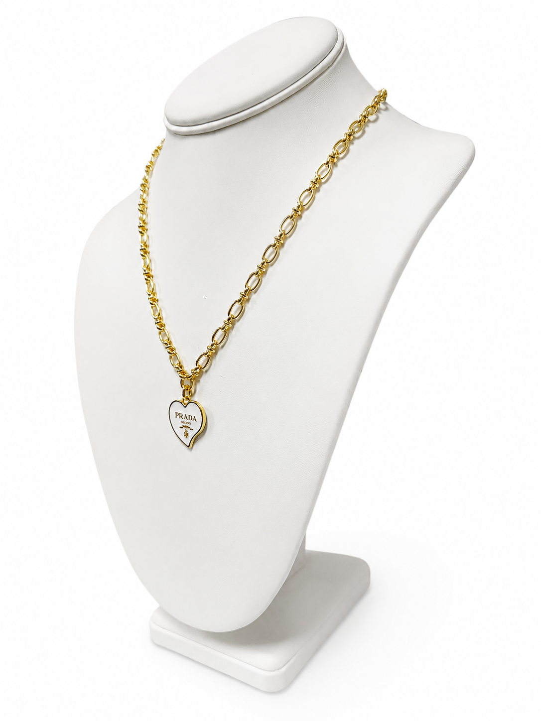 Link Necklace with Prada Logo Heart Charm in White/Gold