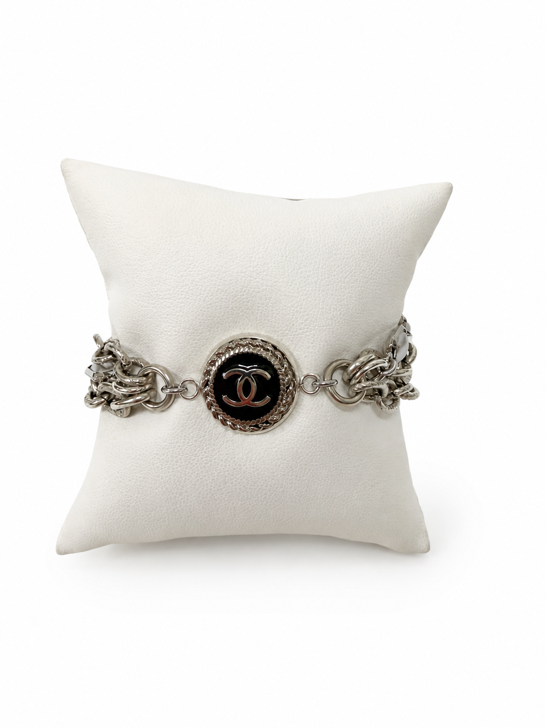 Multi-Chain & Pearl Bracelet with Chanel Logo Button in Black/Silver