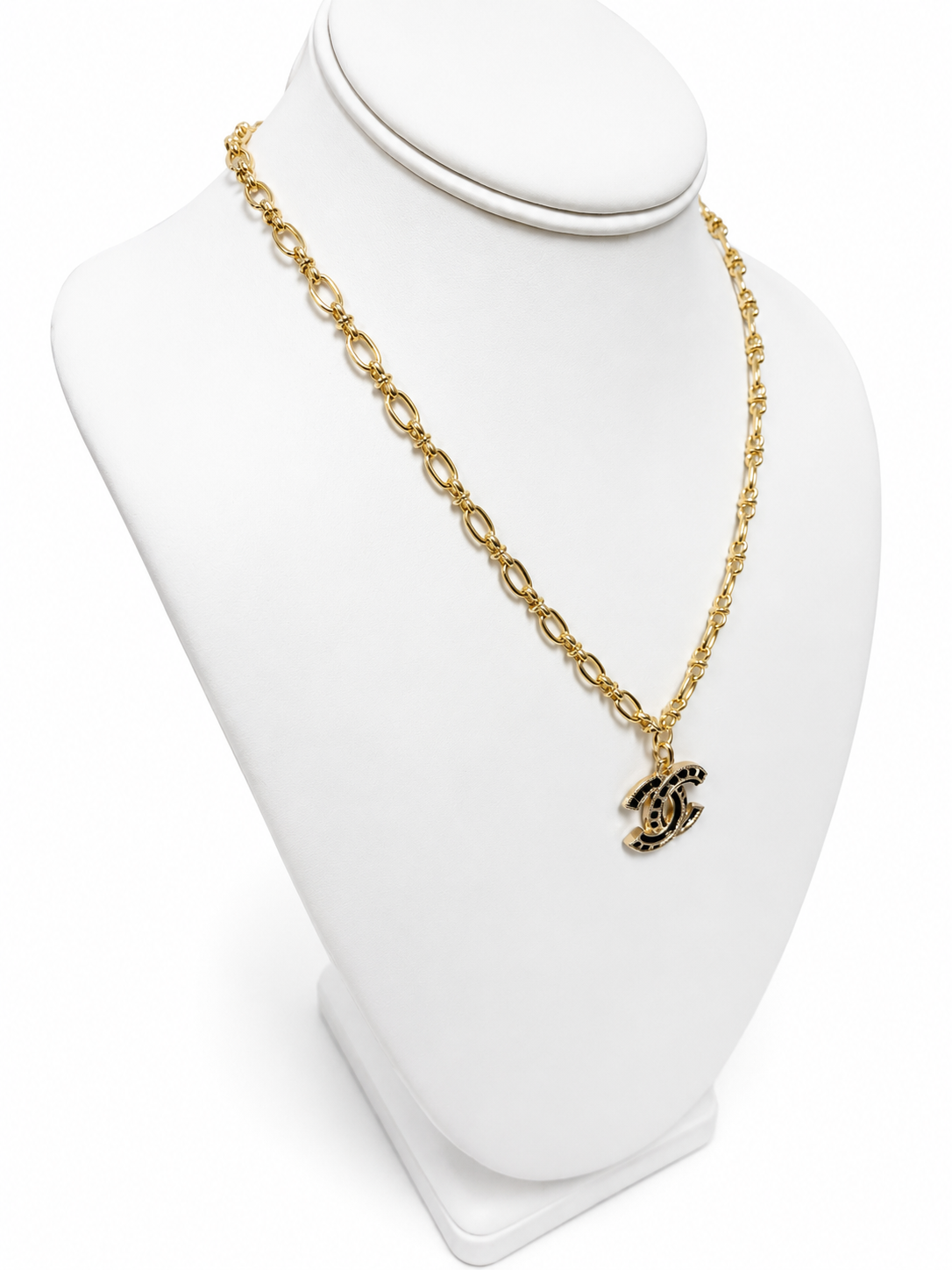 Gold Link Necklace with Chanel Logo Button Charm in Black/Gold