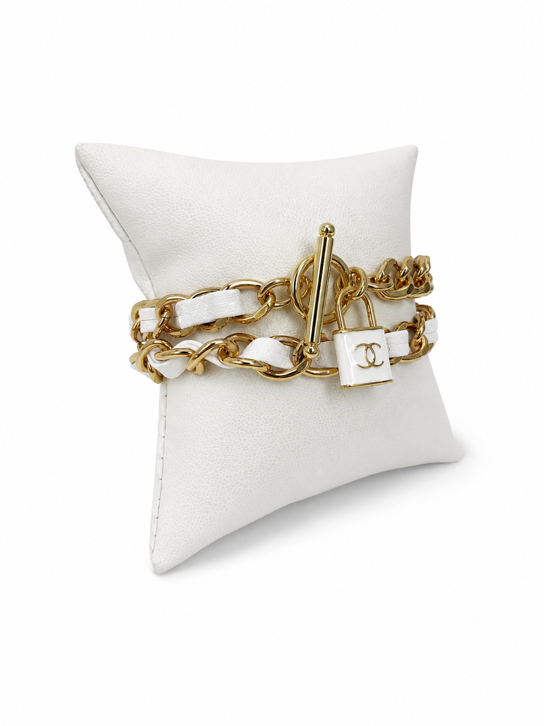 Chain Wrap Bracelet with Chanel Logo Button in White/ Gold