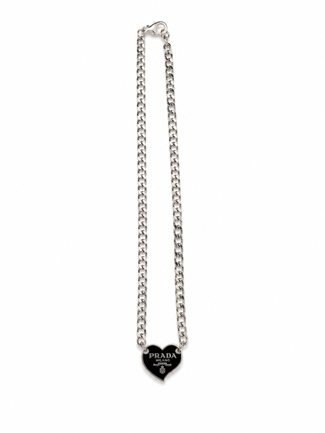 Link Necklace with Prada Logo Heart Charm in Black/Silver