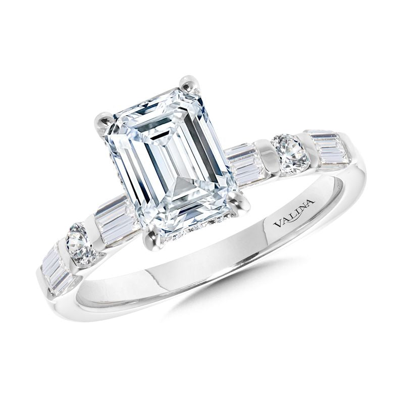 Emerald-Cut Solitaire Engagement Ring w/ Bar Set Band & Hidden Halo in 14KW