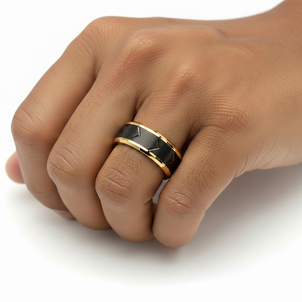 8mm Gold Tungsten Band Black Chevron on Hand